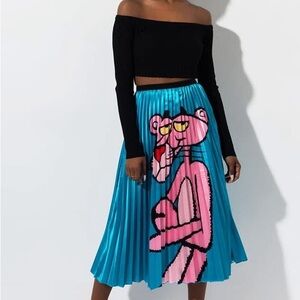 Pleated Turquoise Pink Panther Graphic Midi Skirt